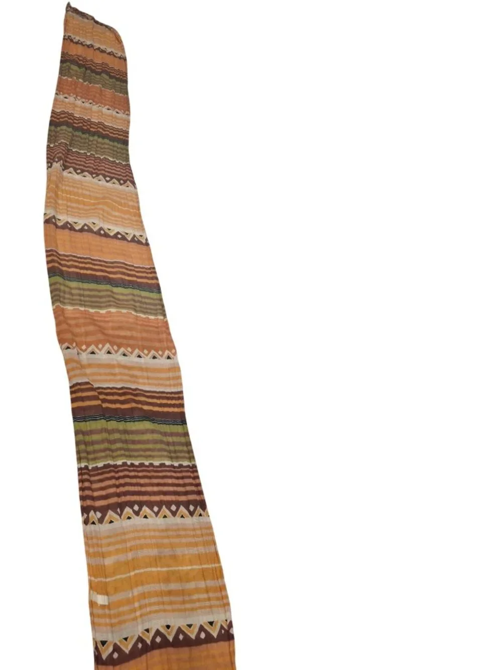 Boho Crinkle Scarf Orange Brown Green Geometric Tribal Fringe Lagenlook 70